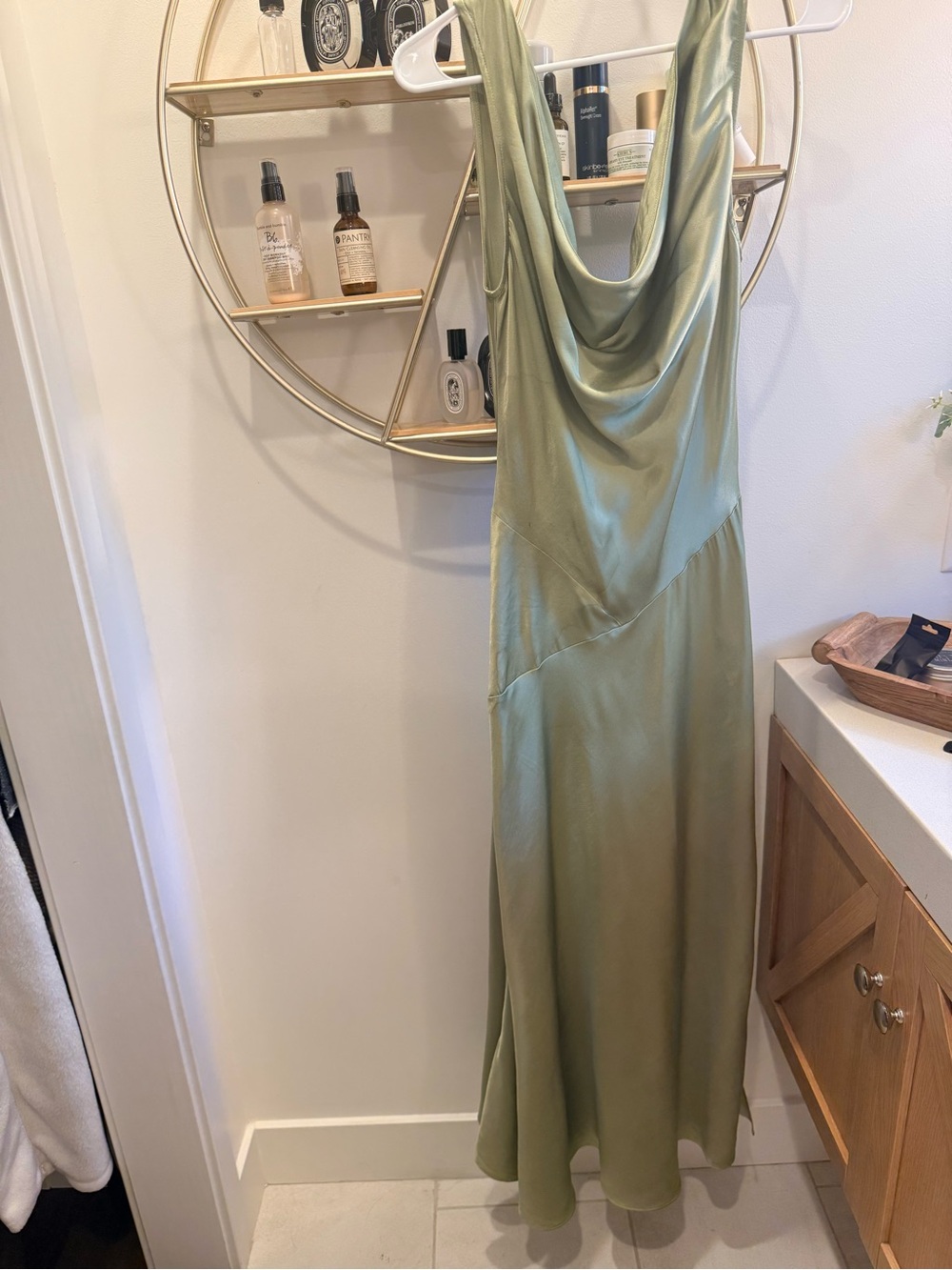 BHLDN Olive Green Satin Cowl Neck Maxi Dress - Picture 8 of 13